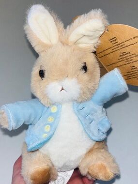 Plush Bunny in Light Blue Jacket - Soft Beige Rabbit Stuffed Toy